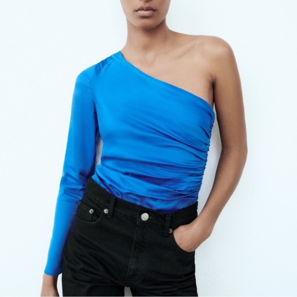 Zara One Shoulder Ruched Satin Bodysuit size M